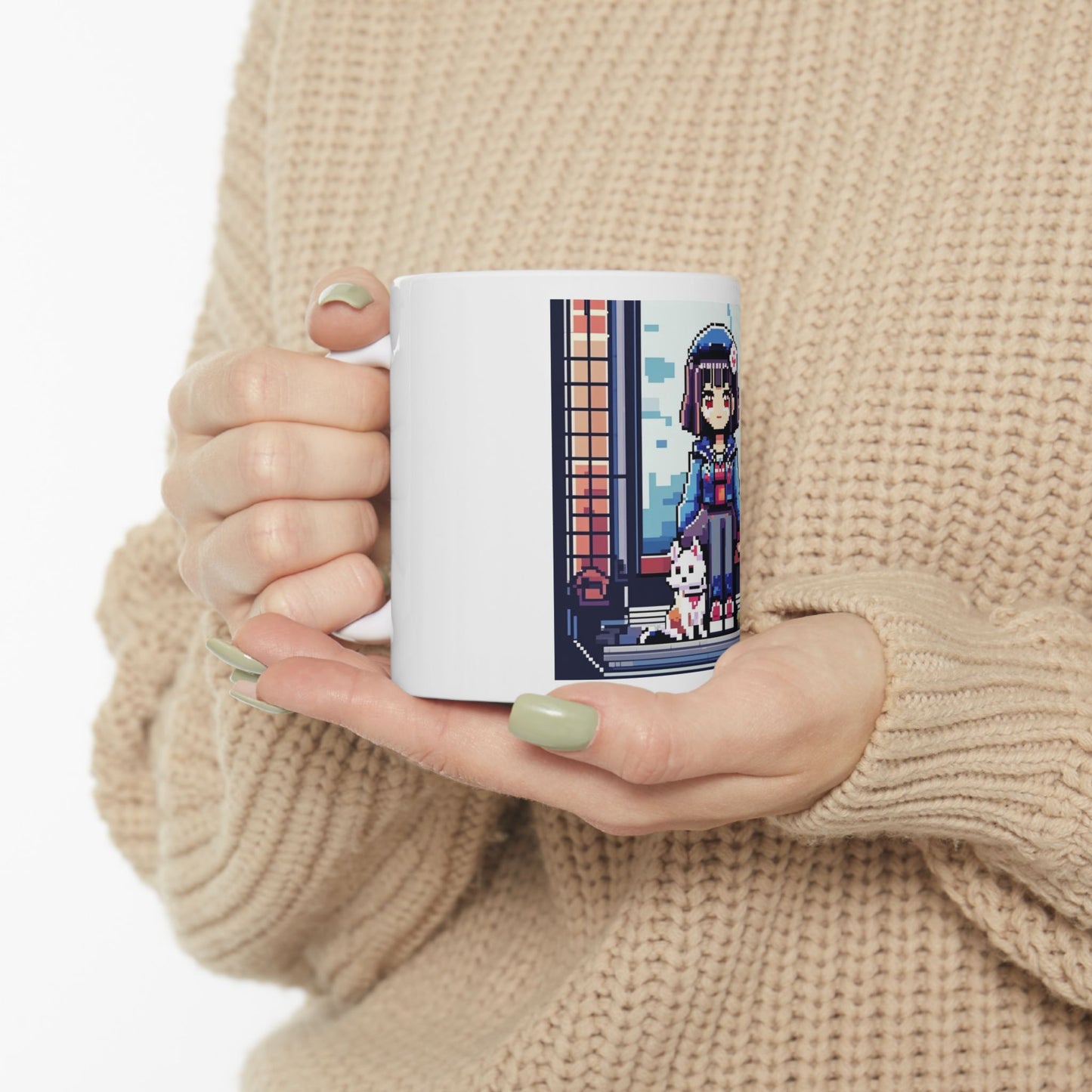 Pixel Anime girl and dog 1 Ceramic Mug, (11oz, 15oz)