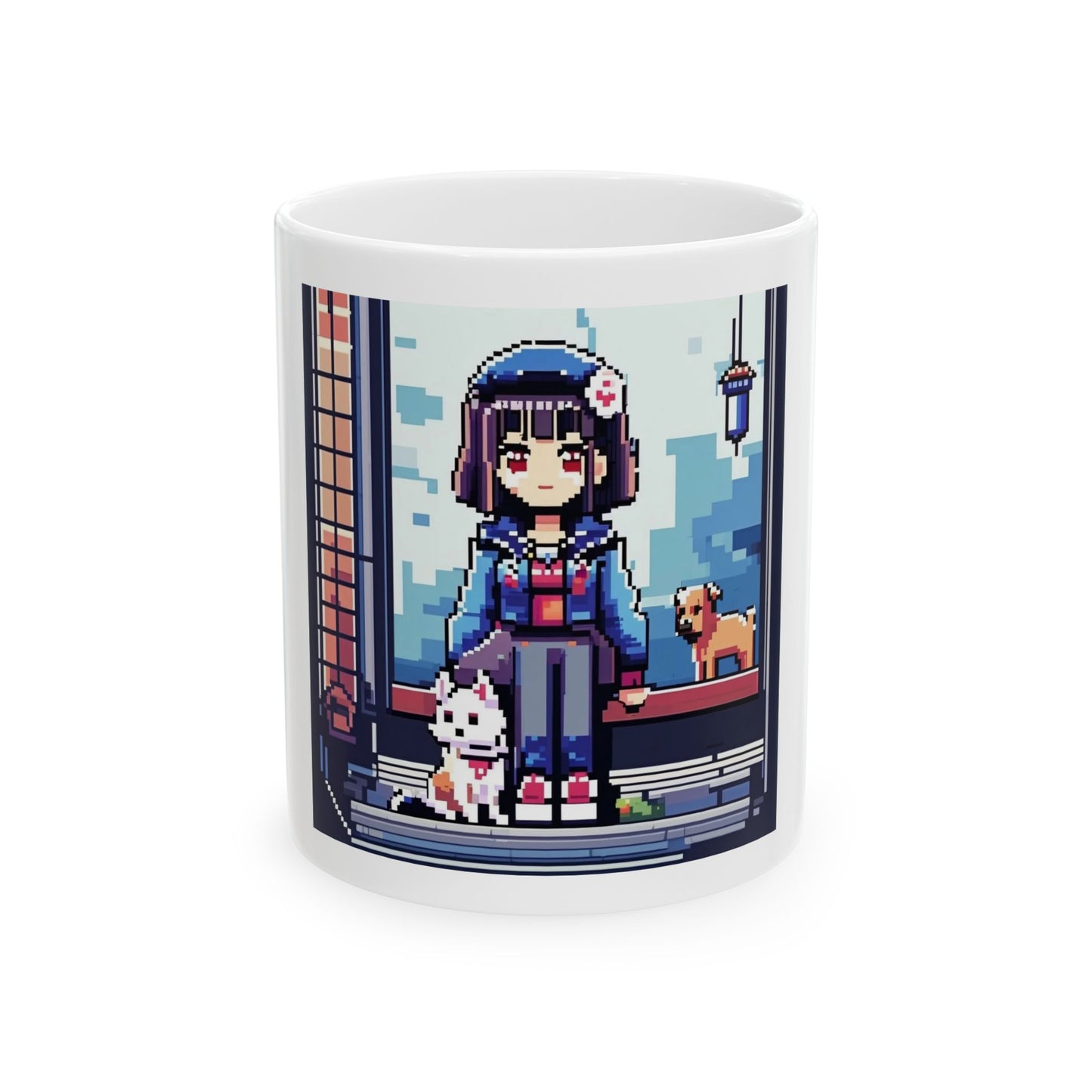 Pixel Anime girl and dog 1 Ceramic Mug, (11oz, 15oz)